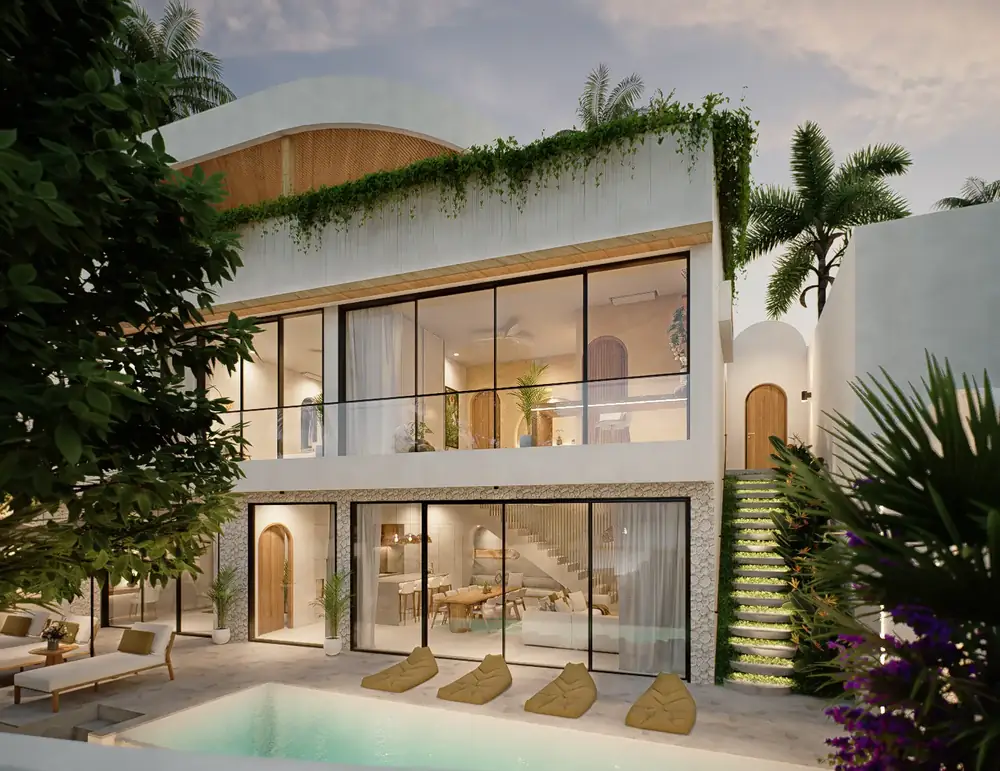 A LIMEANA villa with its private pool at dusk, interior lights glowing