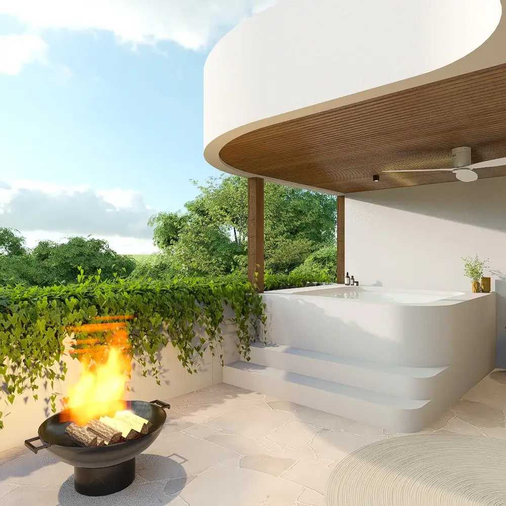A private rooftop firepit and jacuzzi terrace at a LIMEANA villa
