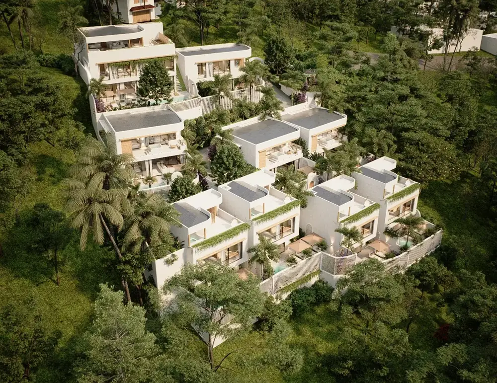Aerial view of the nine LIMEANA villas spaced through dense tropical greenery