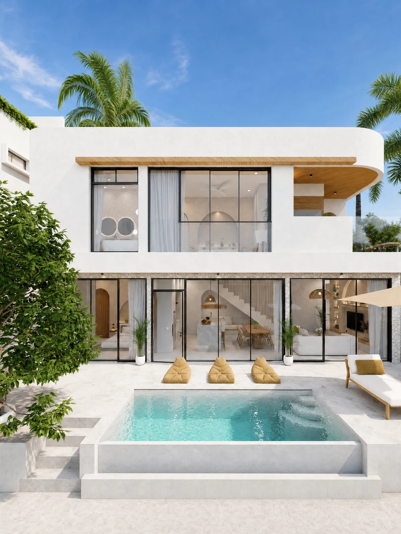 The premium two-bedroom villa, full front elevation with its private pool and garden