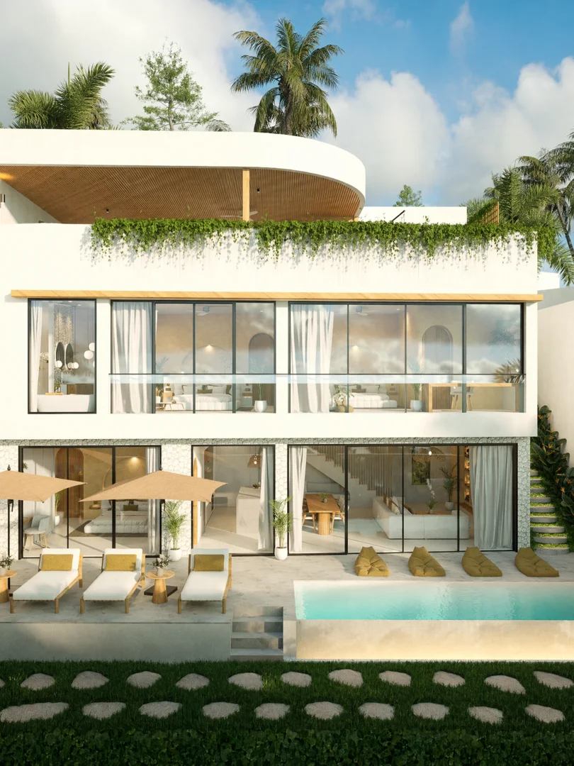 The three-bedroom signature villa's full exterior with its rooftop and pool terrace