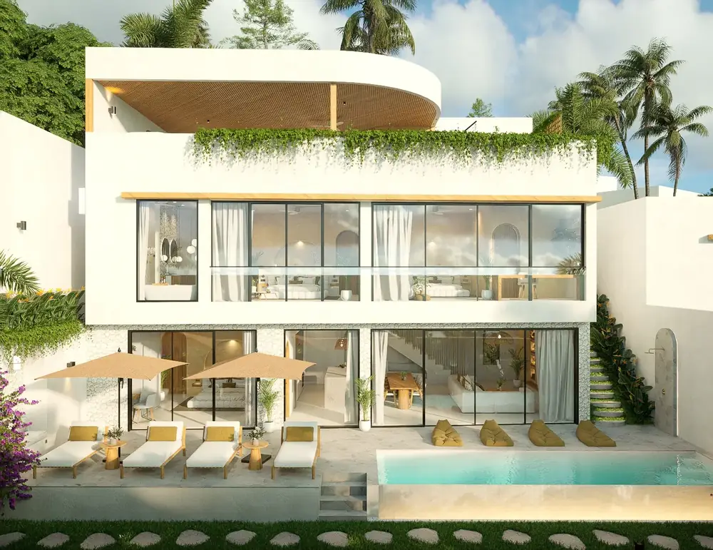 The white two-storey LIMEANA villa above its private pool and sun loungers in daylight