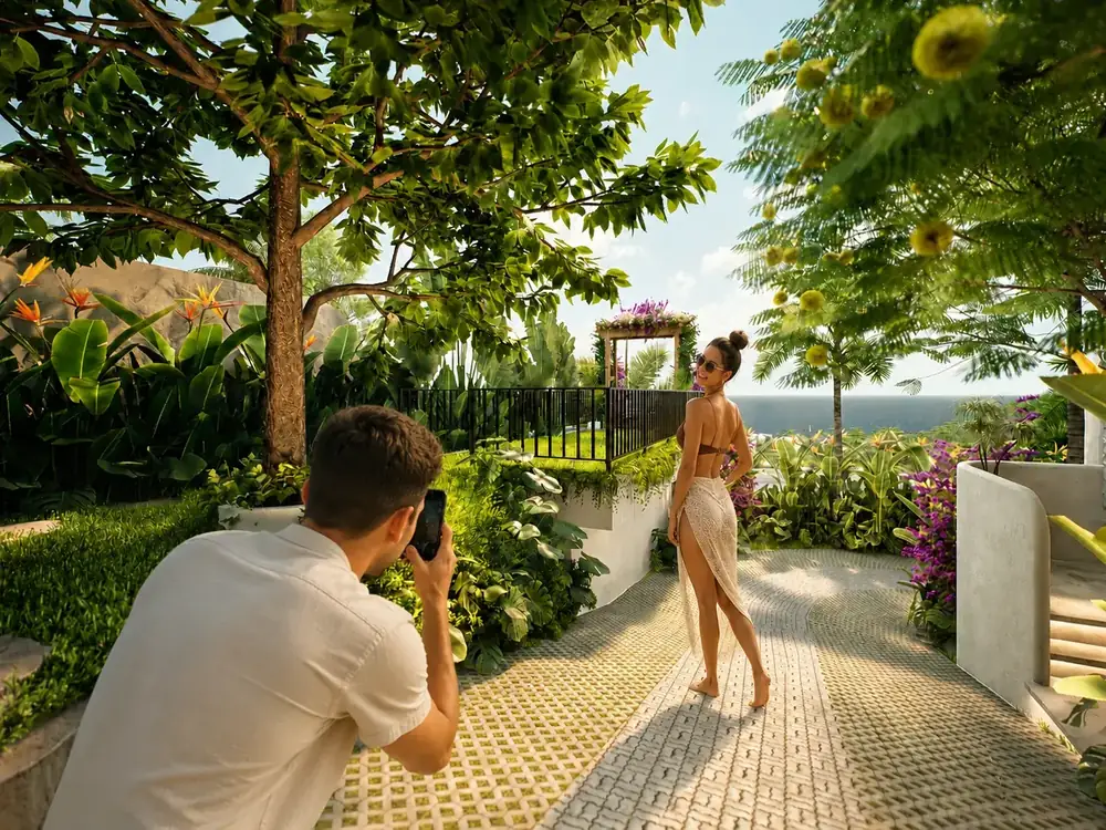 A couple taking photos on the garden path above the ocean at LIMEANA