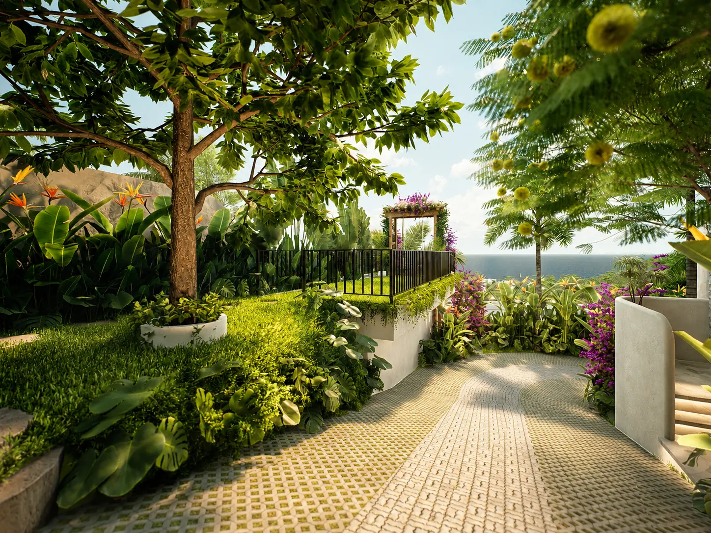 A garden path opening to the ocean view at the Sunset Memory Point